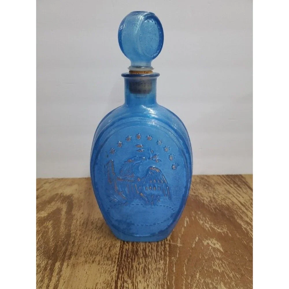 1970 Ezra Brooks Never Surrender Blue Glass Whiskey Bourbon Decanter Bottle